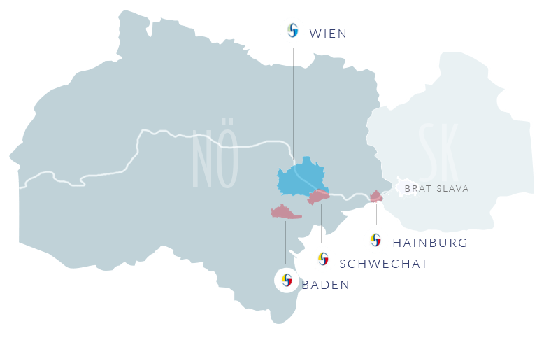 Karte der vier Kanzleistandorte: Wien, Schwechat, Baden und Hainburg